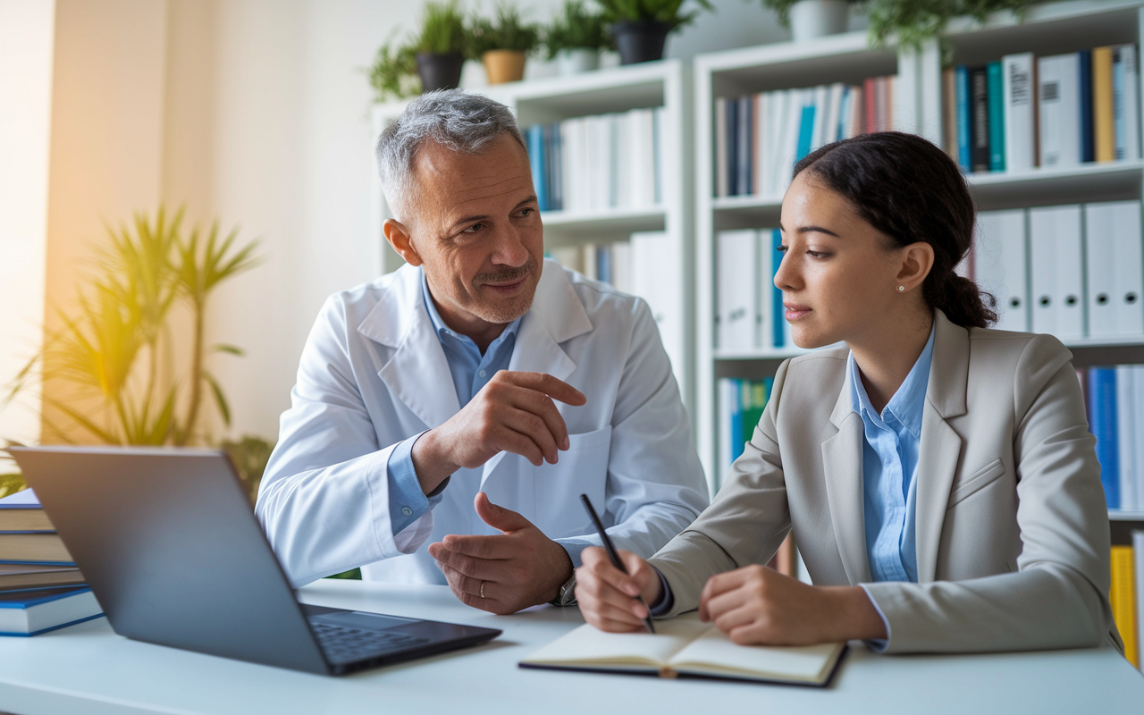 An intimate scene depicting a medical mentor and a student engaged in a focused discussion over a laptop in a bright office filled with medical books and plants. The mentor, a middle-aged man in a lab coat, gestures thoughtfully, while the student, a young woman in a professional outfit, takes notes eagerly. The lighting is warm and inviting, highlighting a sense of guidance and learning.