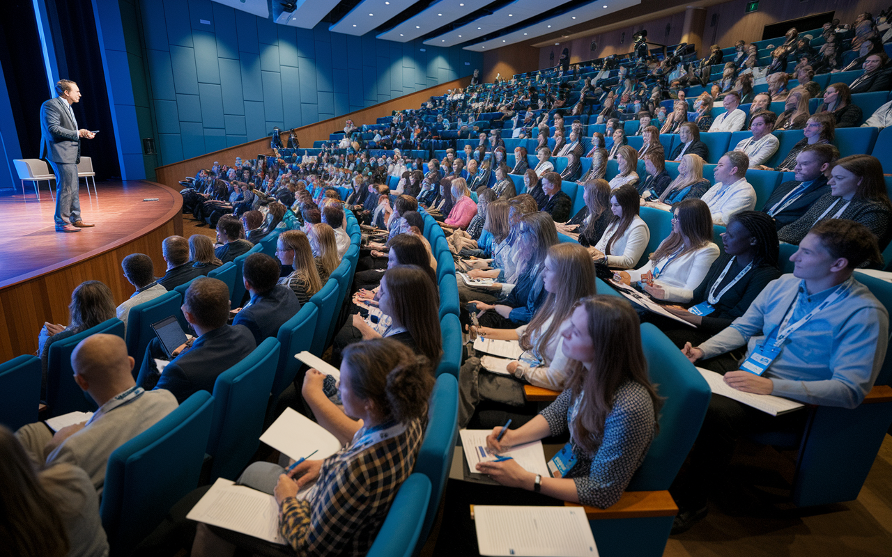 A large auditorium filled with medical professionals and students; some are attending a presentation while others are networking. A speaker stands on the stage addressing an audience with enthusiasm, while attendees are making notes, interacting, and exchanging contact information. The atmosphere is high-energy and intellectually stimulating, with badges and lanyards visible, indicating various specialties.