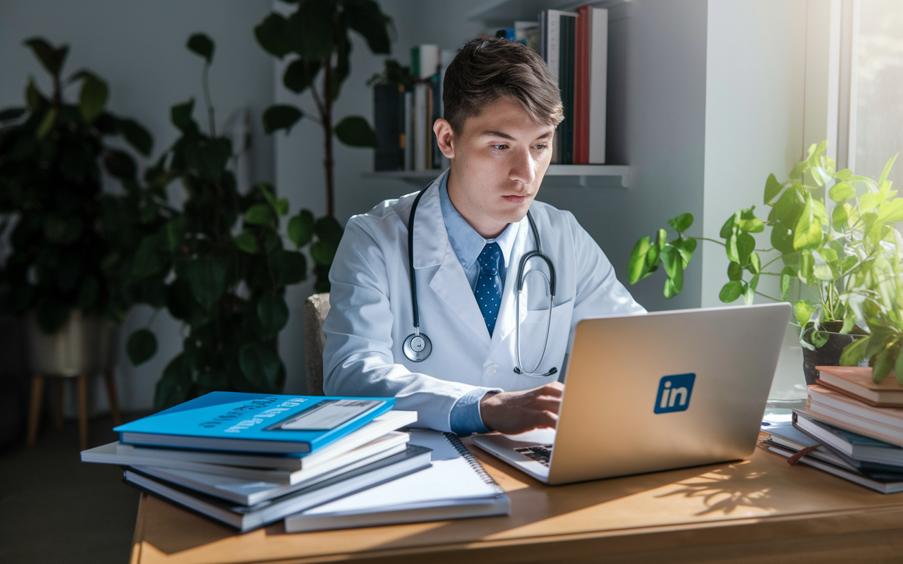 A focused medical student working on their laptop in a cozy study space, reviewing their LinkedIn profile. The desk is filled with textbooks, medical journals, and a plant, symbolizing growth and professionalism. Natural lighting from a nearby window casts a serene glow, highlighting the student's determination and ambition to build a strong personal brand.