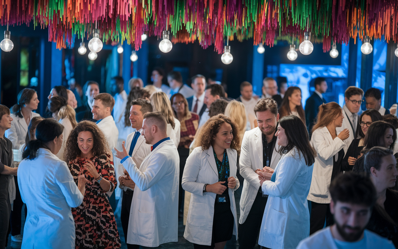 A stylized gathering of medical professionals and students at a lively networking event, featuring a blend of cultures and ages. Participants are engaging in discussions and exchanging ideas with enthusiasm. Rich, colorful decorations and an inviting ambiance, with overhead lighting creating a warm, engaging environment that fosters collaboration and connection.