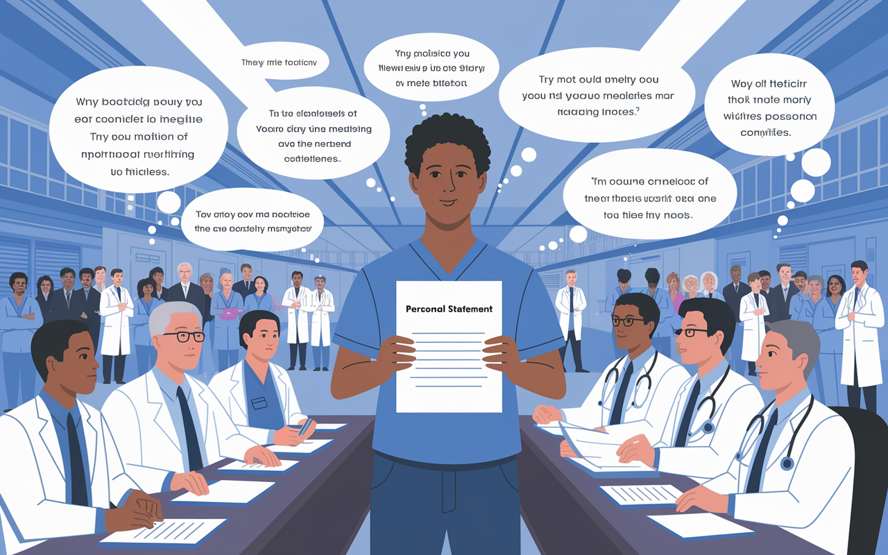 An illustration of a medical student standing confidently in front of a large group of doctors and admissions committee members, holding a personal statement. The backdrop is a bustling hospital with medical professionals engaged in various activities. The student exudes passion and confidence, with motivational quotes about medicine and personal stories floating around them like thought bubbles, symbolizing the importance of personal narratives in the application process.