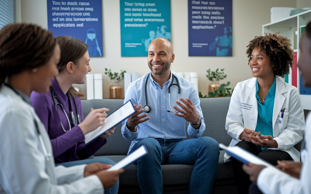 A friendly, approachable academic advisor discussing personal statements with a group of eager medical students, providing guidance and feedback in a cozy office setting. Visuals include posters on the wall with inspirational medical career quotes and a comfortable atmosphere, illustrating the importance of mentorship and communication in the application process.