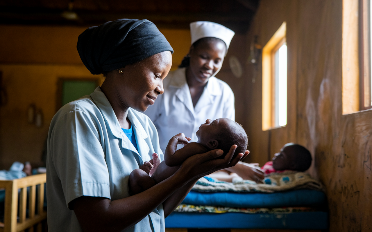 A poignant moment captured in a rural clinic, showing a medical volunteer gently cradling a newborn baby with a look of awe and determination on their face. The clinic's interior is simple but warm, with sunlight streaming through a window, illuminating the scene. A nurse assists in the background, highlighting the warmth of healthcare amidst a vibrant community setting.