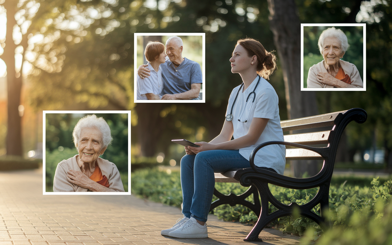 A contemplative scene of a medical student sitting on a park bench, gazing thoughtfully into the distance. Surrounding them are memories and images of family moments with their grandmother, showcasing her strength and resilience against illness, blending past and present in a wistful way. The golden hour sunlight bathes the scene, evoking feelings of warmth and determination.