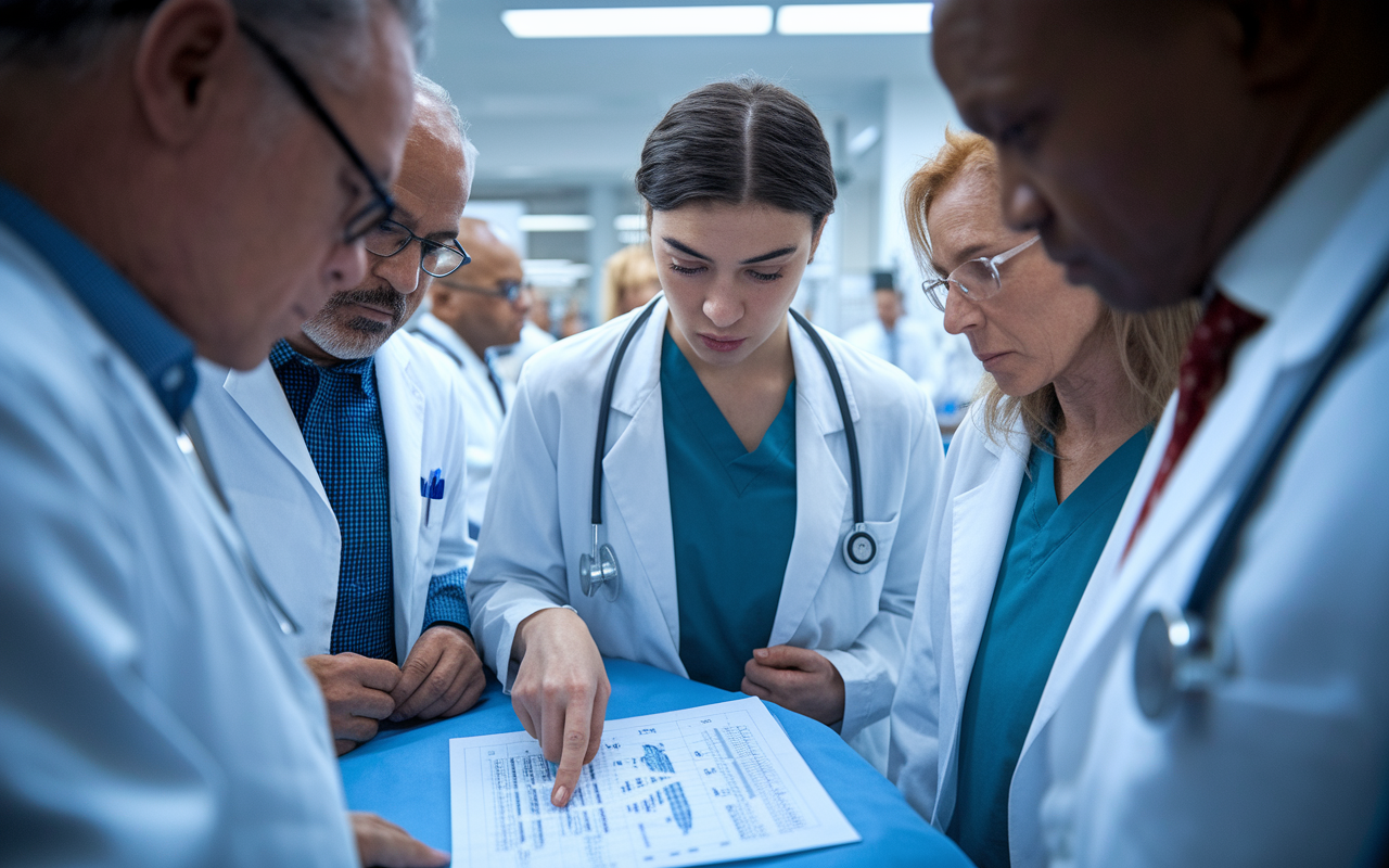 An intense scene in a busy hospital ward with a medical student engaged in a collaborative discussion with a team of doctors around a patient’s chart. The atmosphere is electric with focus and urgency, highlighting the complexity of diagnosing ailments. The student, with a determined expression, points at a detailed diagram, showcasing their analytical skills and teamwork amidst the clinical hustle.