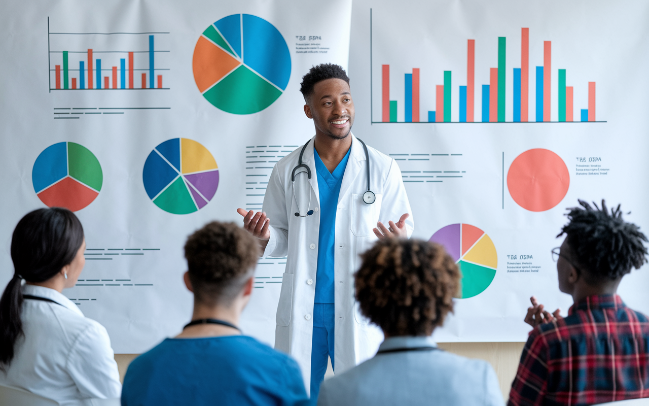 A vibrant academic setting with a medical student presenting their research findings on healthcare access disparities to a group of engaged peers and professors. Colorful graphs and data charts adorn the backdrop, symbolizing knowledge and advocacy. The student stands confidently, embodying the spirit of inquiry and impact on healthcare policy.