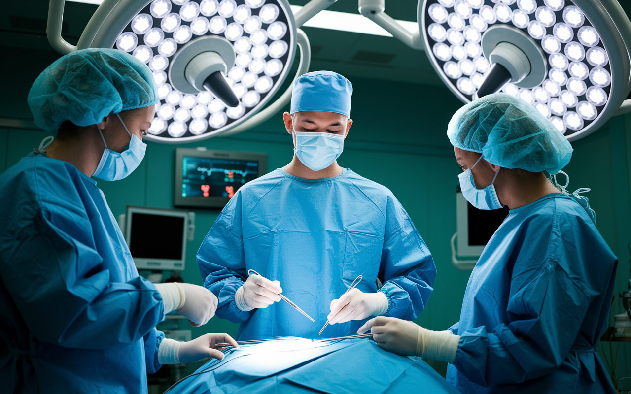 An aspiring orthopedic surgeon standing in an operating room, confidently holding surgical instruments while observing a complex surgical procedure. Bright surgical lights illuminate the scene as the team collaborates seamlessly. The atmosphere conveys hope and the transformative power of medicine, hinting at the student's future role in improving patients' lives.