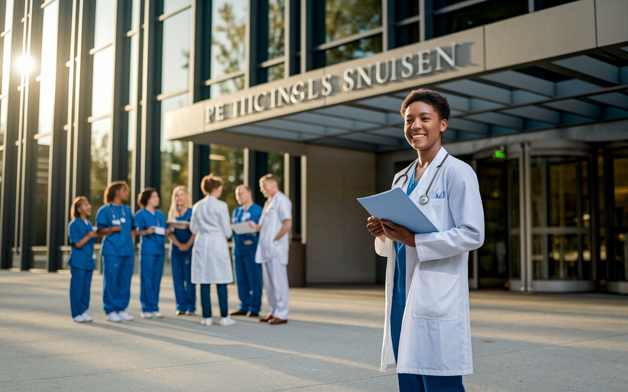 A medical student standing outside the entrance of a prestigious hospital proudly holding their personal statement, preparing to submit their residency application. The setting sun casts a golden glow on the building, conveying optimism and future possibilities. In the background, a diverse group of healthcare professionals collaborates, symbolizing the community and support in the medical field.