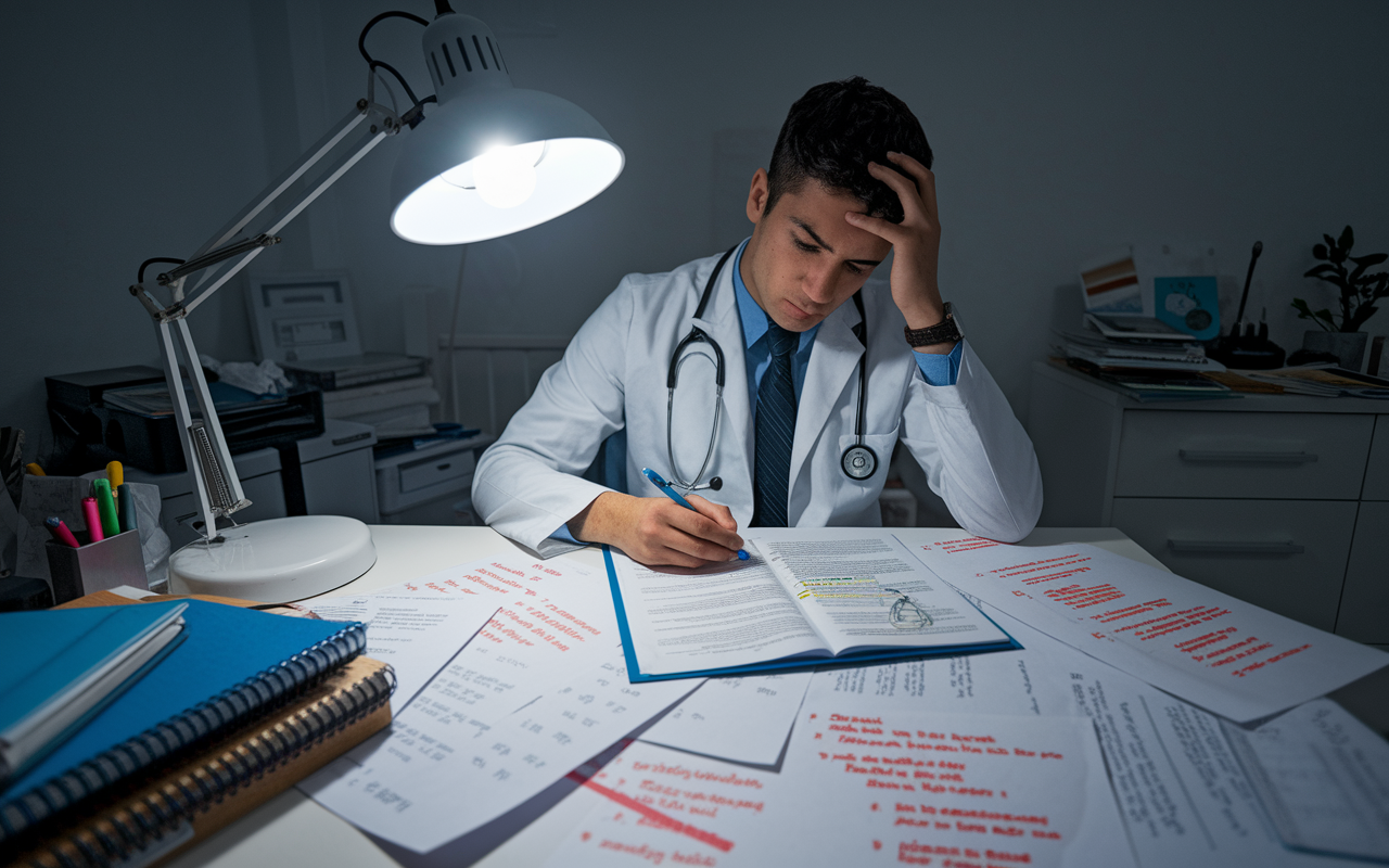 A medical student sitting at a cluttered desk filled with drafts and notes, with a frustrated expression while reviewing their personal statement. The scene is chaotic, with marked passages highlighting mistakes and corrections. A bedside lamp flickers, representing the urgency of the application process and the potential pitfalls to avoid in crafting their narrative.