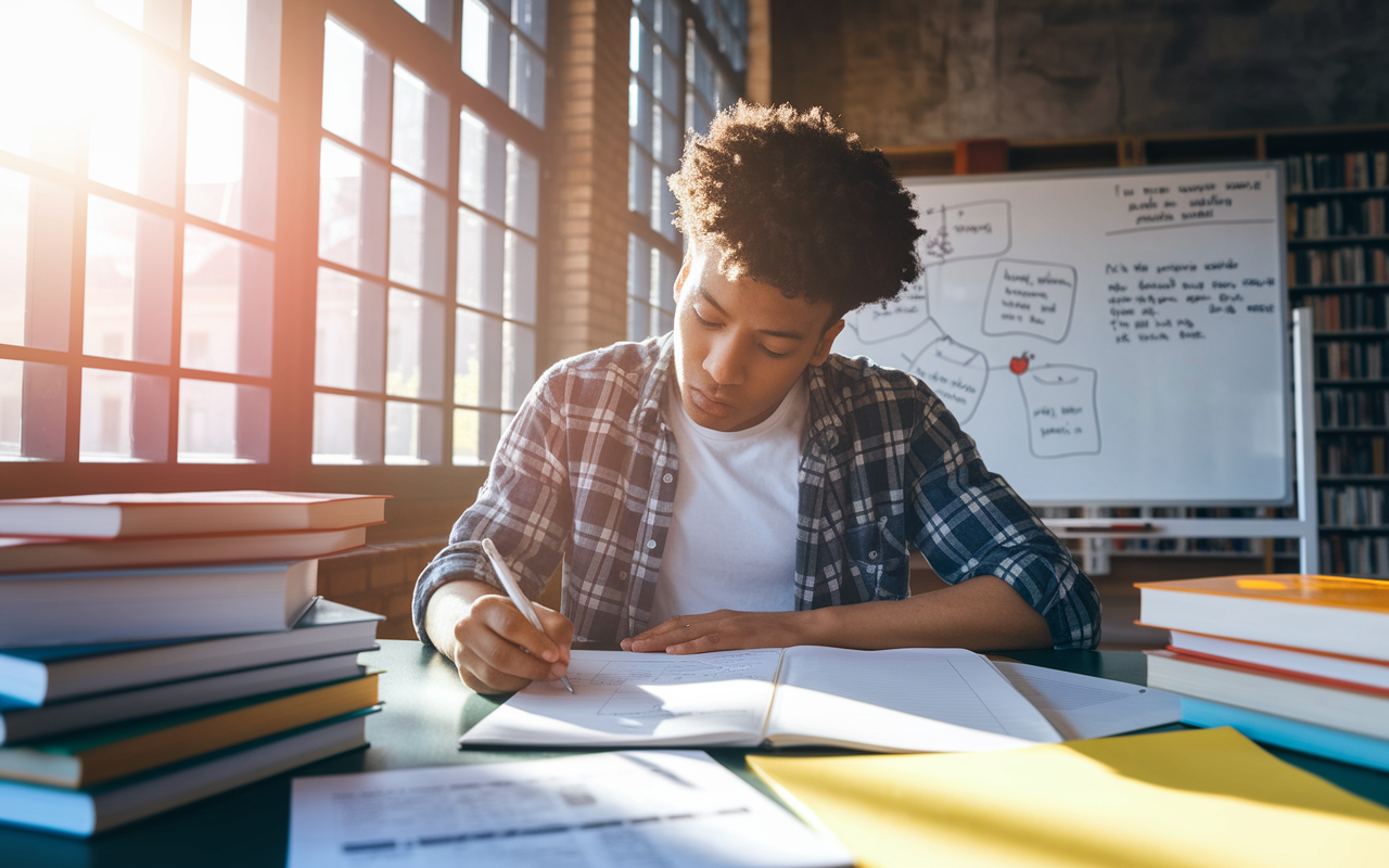 An inspiring scene of a student in a library, surrounded by books and papers, deep in thought as they outline their personal statement. Warm sunlight filters through large windows, illuminating their focused expression, conveying the essence of creativity and determination in writing. A whiteboard in the background with brainstorming notes and motivational quotes enhances the artistic feel.