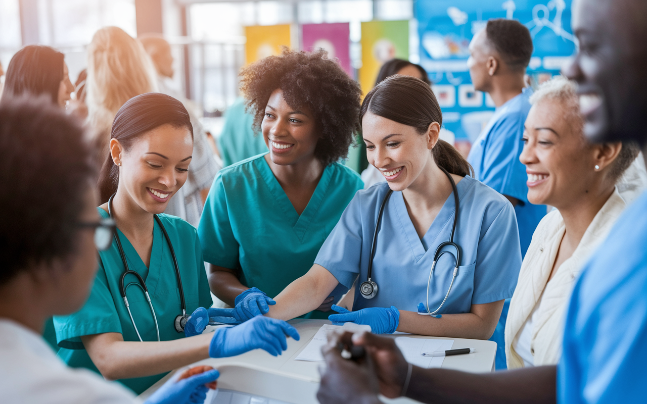 A group of diverse medical volunteers collaborating at a community health fair, assisting individuals with health screenings. The scene is lively, with smiling faces, medical equipment, and colorful informational posters in the background. The atmosphere is one of cooperation and compassion, showcasing different aspects of teamwork in a healthcare setting. Warm, natural light enhances the sense of community and engagement.