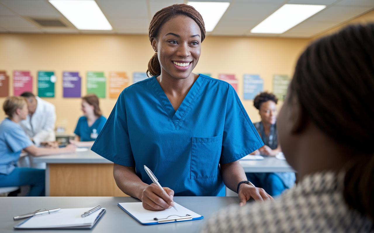 A dedicated volunteer in scrubs assisting in a bustling community health clinic. The background shows medical professionals attending to patients, colorful health pamphlets on the wall, and a friendly atmosphere. The volunteer is seen taking notes and engaging warmly with a patient, demonstrating the spirit of teamwork and community service. Soft, overhead lighting creates an inviting scene that highlights the importance of compassionate care.