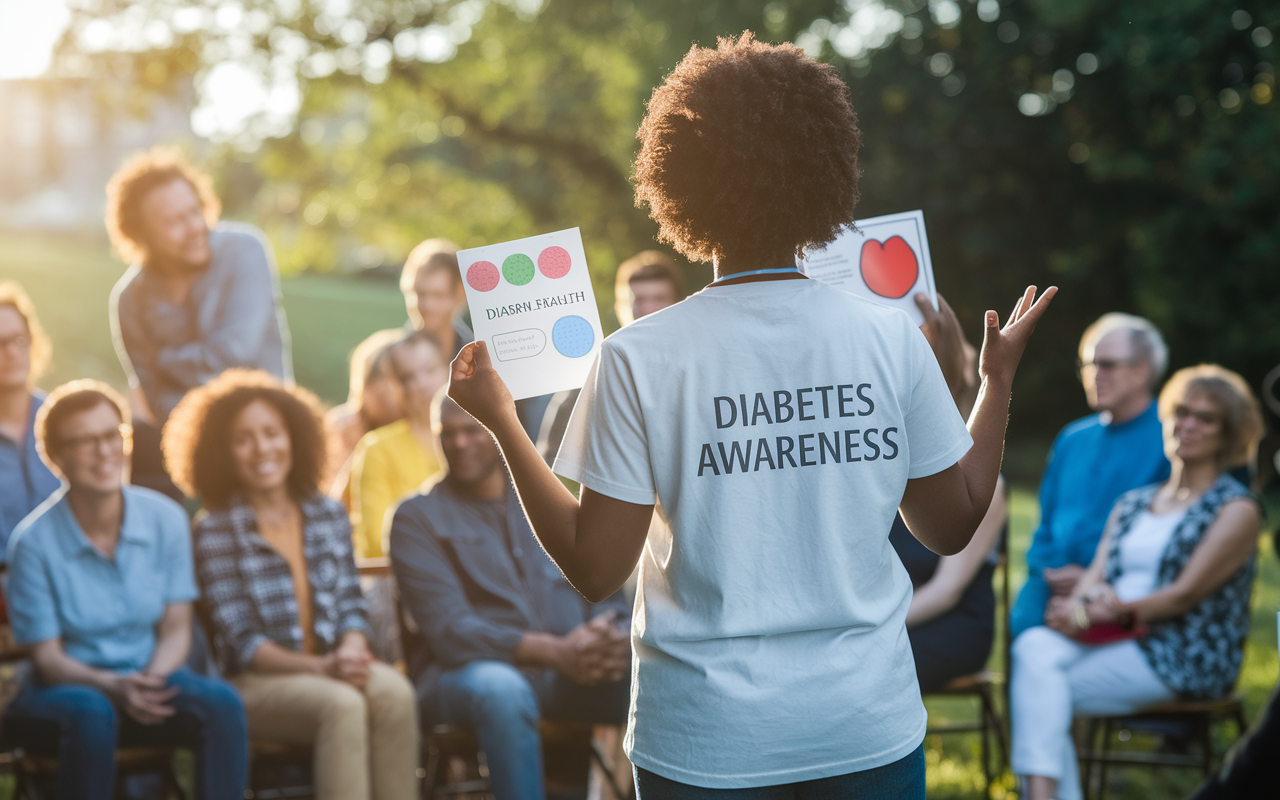 A passionate volunteer standing in front of a small group of community members at an outdoor health education session. The volunteer holds visual aids about diabetes awareness, engaging the audience with expressive gestures and enthusiasm. The warm sunlight casts a golden glow, enhancing feelings of hope and learning as the diverse crowd listens attentively, showcasing the impact of community outreach.