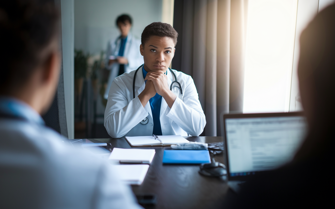 A medical candidate nervously preparing for an interview in a well-lit conference room, surrounded by notes and a laptop. The candidate is practicing answers in front of a mirror, appearing focused and determined. Soft, natural light filters through a nearby window, emphasizing the candidate's commitment and anticipation for the interview. The surroundings are professional yet inviting, setting a tone of seriousness and readiness.