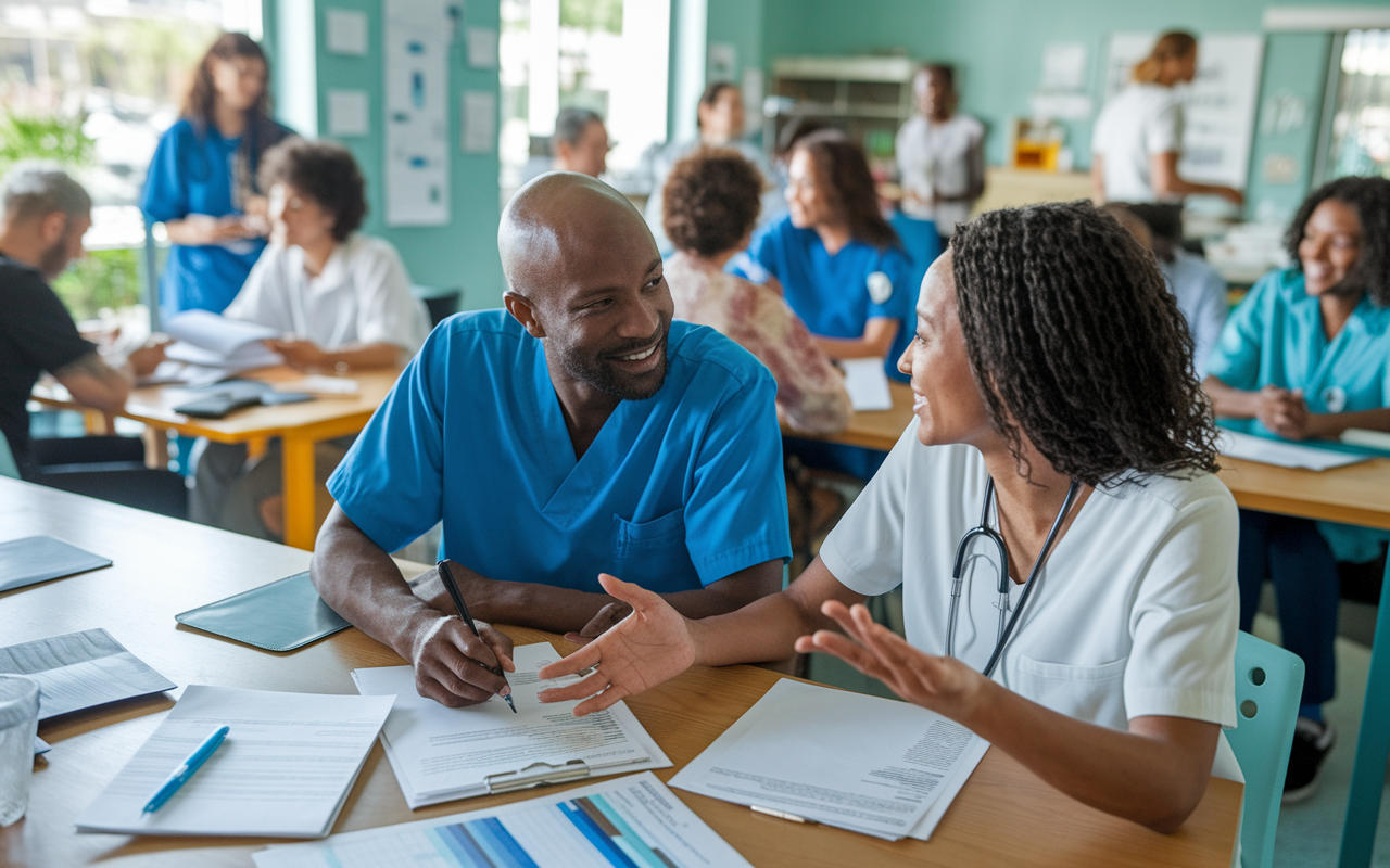 A volunteer and their supervisor having a warm discussion in a bustling community clinic. The supervisor is writing a recommendation letter, with the volunteer discussing their experiences passionately. The environment is filled with medical charts, engaged patients, and a sense of collaboration. The soft, inviting colors of the room enhance the mood of mentorship and support.