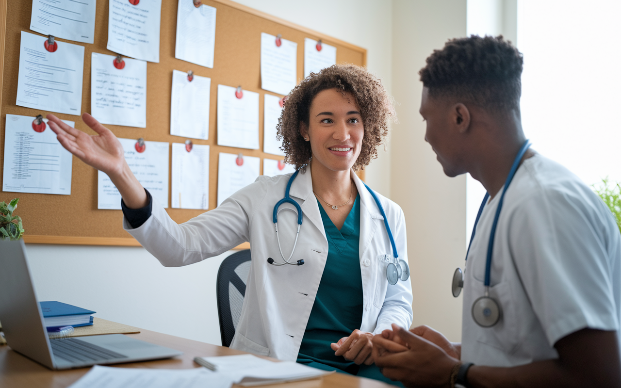 An academic advisor in a bright, cozy office, thoughtfully discussing with a medical student the choice of recommenders for residency. The advisor gestures toward a bulletin board filled with medical achievements, while the student listens attentively, showcasing an atmosphere of guidance and collaboration.