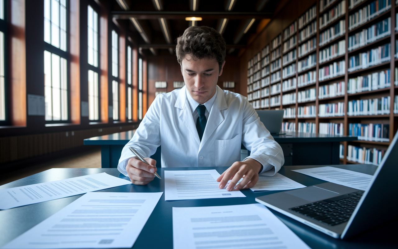 A focused medical student at a desk in a library, reviewing a checklist of residency program requirements while holding a pen. Around the student, papers are spread out, including letters of recommendation drafts and a laptop displaying the application interface. The library has tall bookshelves, with quiet, natural light streaming in through large windows, creating an environment of dedication and concentration.