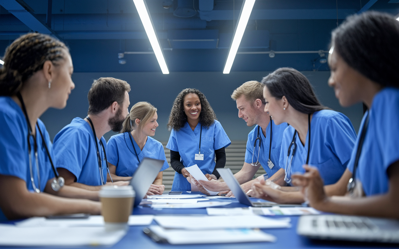 A diverse group of medical students in scrubs engaged in a workshop on residency applications. They are gathered around a table covered with papers, laptops, and coffee cups, discussing strategies and sharing insights. The atmosphere is collaborative and inspiring, illuminated by bright overhead lights, showcasing their determination to succeed in their careers.