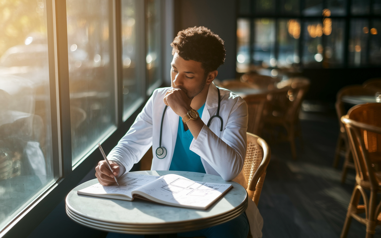 An aspiring physician deep in thought, sitting at a cozy café table with a notebook filled with sketches and notes. The ambiance is warm and inviting, with soft sunlight filtering through large windows and casting gentle shadows. The scene conveys a sense of calm reflection, highlighting the individual’s focus on defining their personal brand.