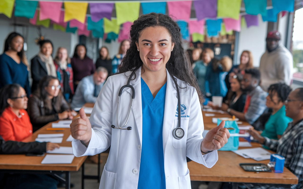 A lively scene of Sarah, a determined medical student, conducting a dynamic health education workshop for a diverse group of community members. The setting is filled with colorful banners and educational materials, exuding a sense of involvement and passion for public health. The atmosphere is vibrant and warm, with attendees actively engaging and absorbing information.