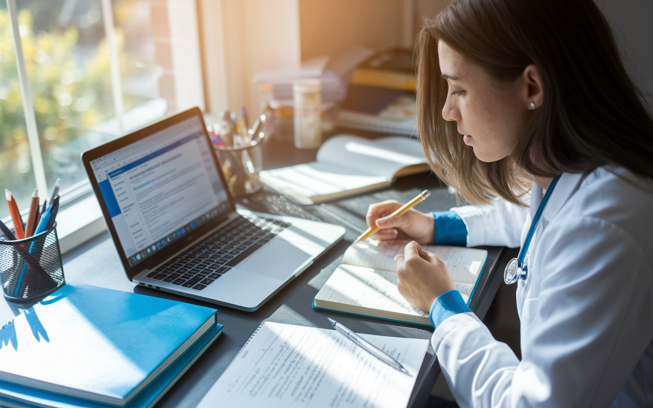 A focused medical student at a desk cluttered with a laptop, notebooks, and medical textbooks, intently researching residency programs on the laptop. The screen displays information about a specific program, with notes and highlights scattered around. Sunlight streams through the window, creating a warm and inviting environment that fosters concentration and determination.