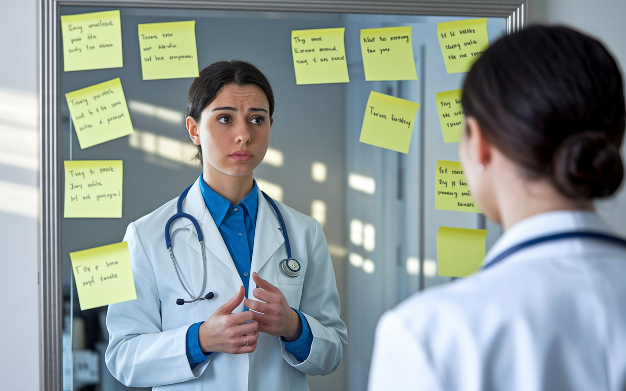 A medical student standing nervously in front of a mirror, practicing her responses to common residency interview questions. In the background, a light reflects soft shadows on the wall, highlighting her formal attire and determined expression. Sticky notes with key points about herself and her achievements are pasted around the mirror, signifying preparation and focus.