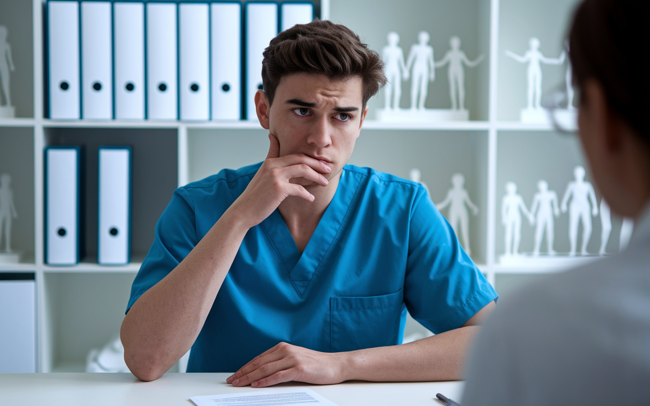 An anxious medical student in scrubs sitting at a desk, reflecting deeply as they describe a challenging clinical scenario to an interviewer. The setting is a bright consultation room with charts and medical models on shelves. The atmosphere is tense yet professional, showcasing the student's determination and emotional engagement.