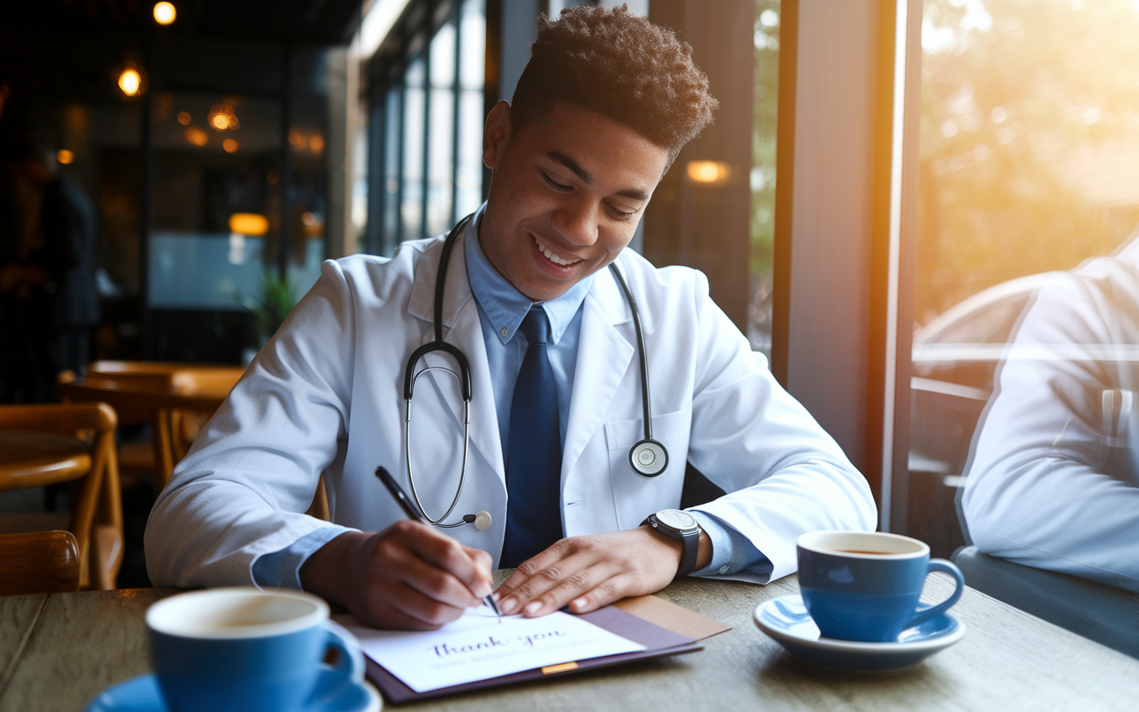 A relieved medical student seated at a café table, writing a thank-you note on elegant stationery after a residency interview. The atmosphere is relaxed and warm, with sunlight filtering through the window, symbolizing hope and opportunities ahead. The student's expression reflects satisfaction and optimism, surrounded by coffee and personal items symbolizing their journey in medicine.