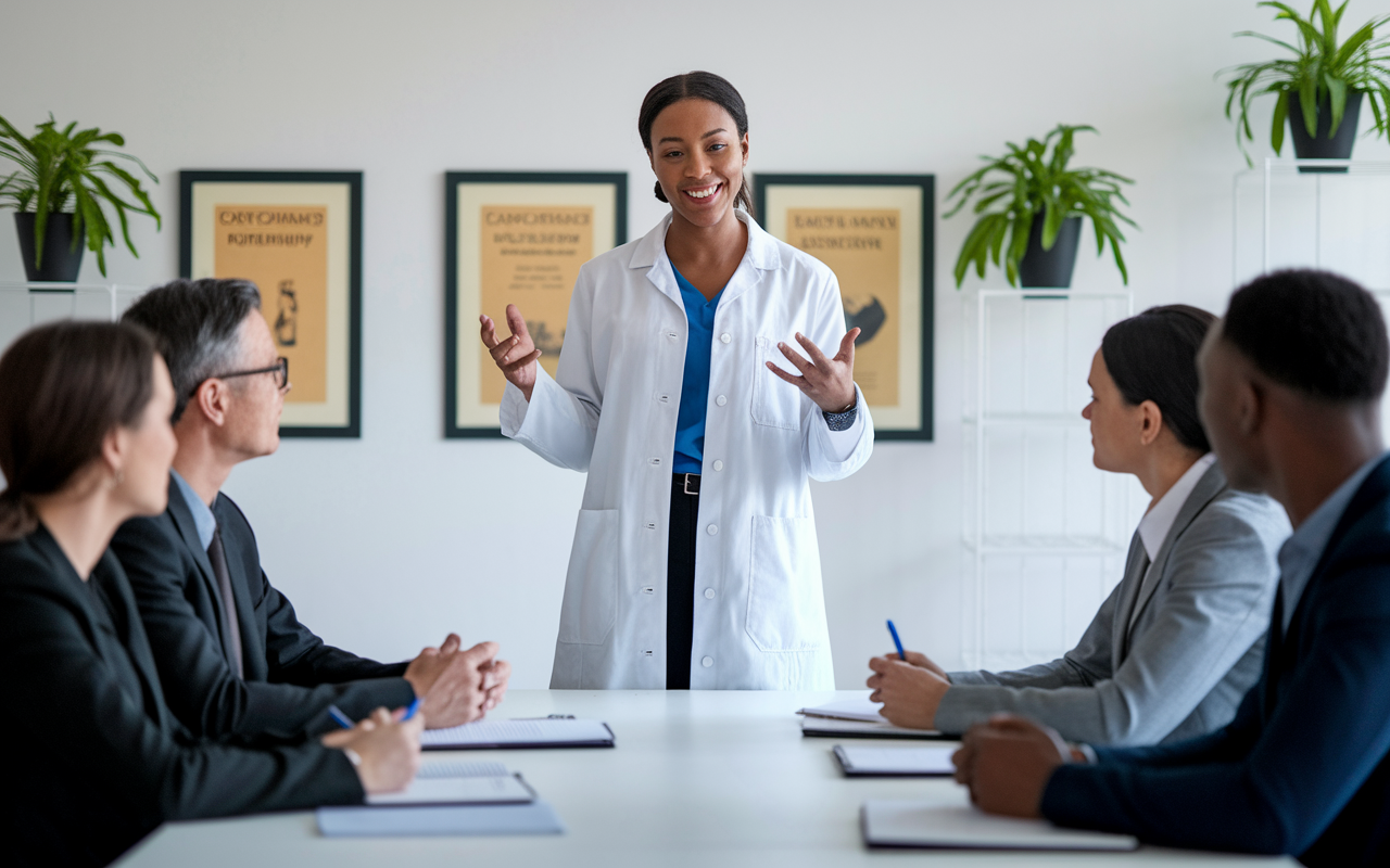 A medical student standing confidently in a formal interview setting, passionately discussing their journey. They are wearing a crisp white coat and speaking to a panel of interviewers seated across a table. The room is bright, with plants in the corners and framed academic achievements on the walls. The expressions of the interviewers reflect intrigue and engagement, with notepads in hand, ready to assess the candidate’s communication skills.