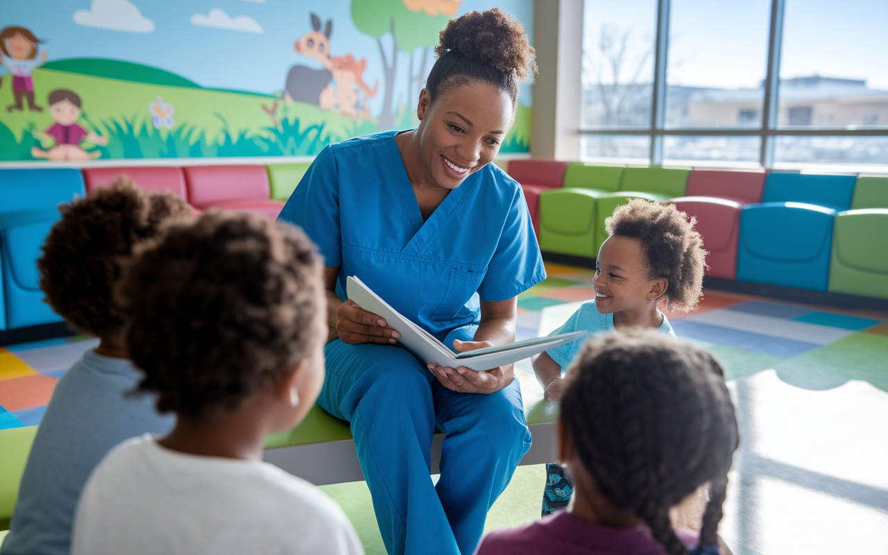 A nurturing scene at a colorful children's hospital where a medical volunteer interacts with young patients. They are reading a story to a group of children in a cheerful waiting room filled with colorful murals and toys. The volunteer wears scrubs and has a warm smile, conveying compassion and dedication. Natural light streams through the large windows, adding to the joyful atmosphere that emphasizes the importance of care in pediatrics.