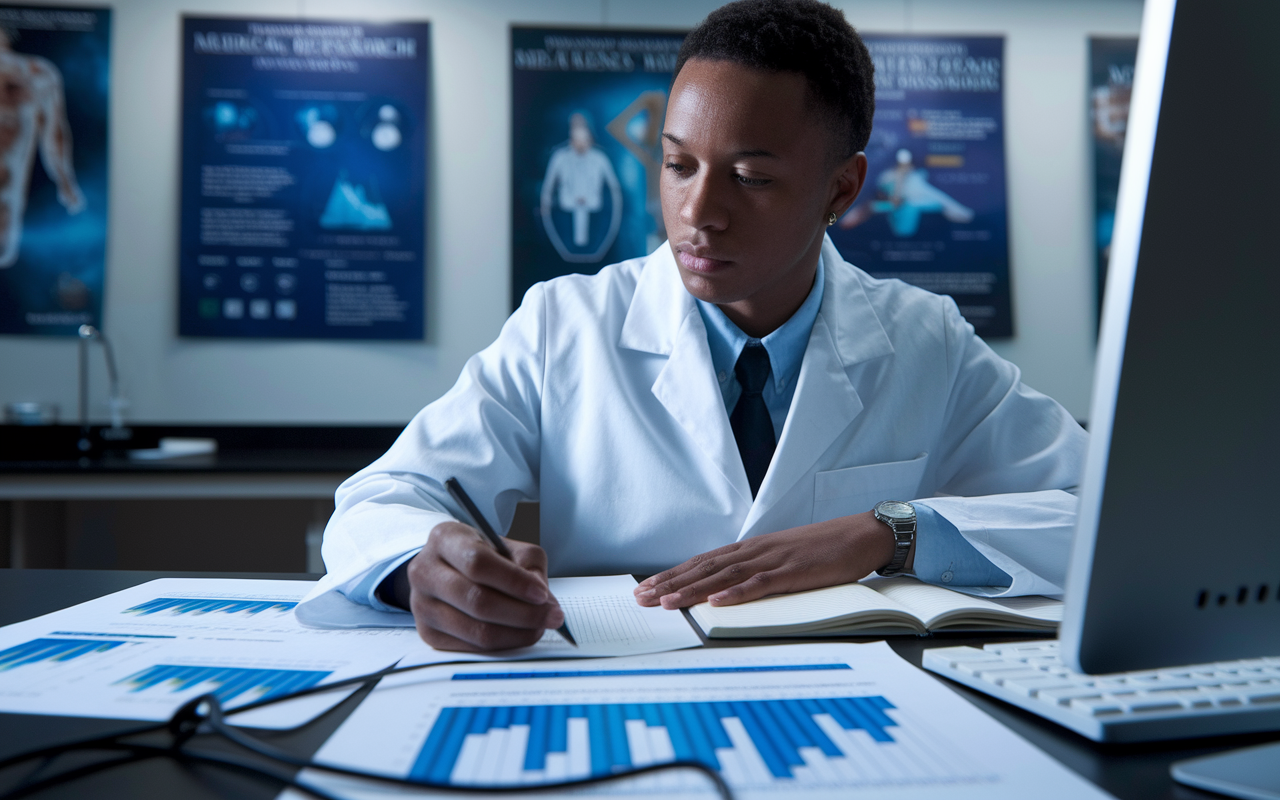 A serious medical student in a lab setting, analyzing data on a computer screen while taking notes. Papers with graphs and charts are spread out in front of them on the desk. The lighting is focused and bright, emphasizing the concentration on the task at hand. Posters of medical research adorn the walls, reflecting a commitment to academic and professional growth.