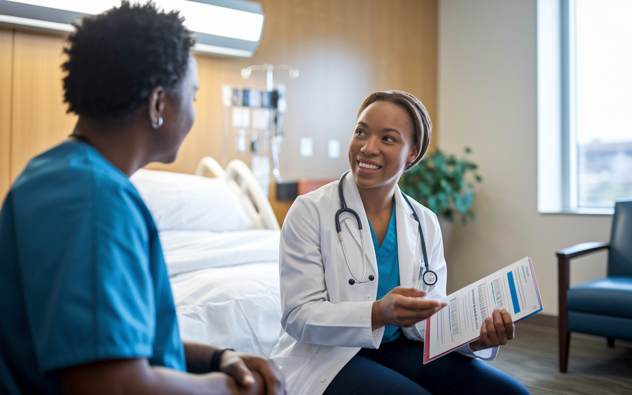 A compassionate medical student sitting down with a patient in a hospital room, discussing medication issues. The patient looks relieved as the student explains options, with a pharmacy resource booklet in hand. The room is brightly lit and comfortable, showcasing the importance of patient-centered care and effective communication in overcoming health challenges.