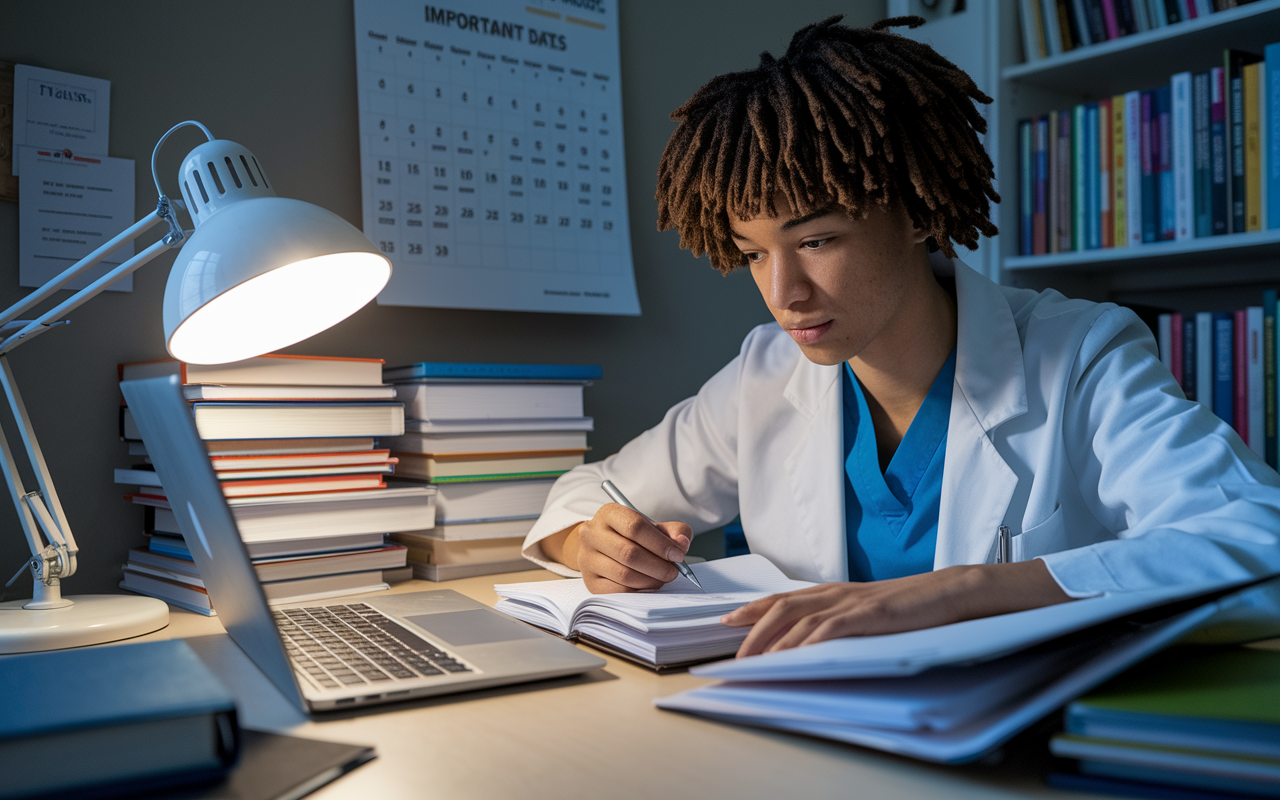 A focused medical student surrounded by binders and open laptop, deeply engaged in researching a specific residency program. They are in a cozy study area filled with books, and a wall calendar highlights important dates. The soft glow of a desk lamp creates an atmosphere of diligence and preparation, reflecting the commitment to making informed choices for their medical career.