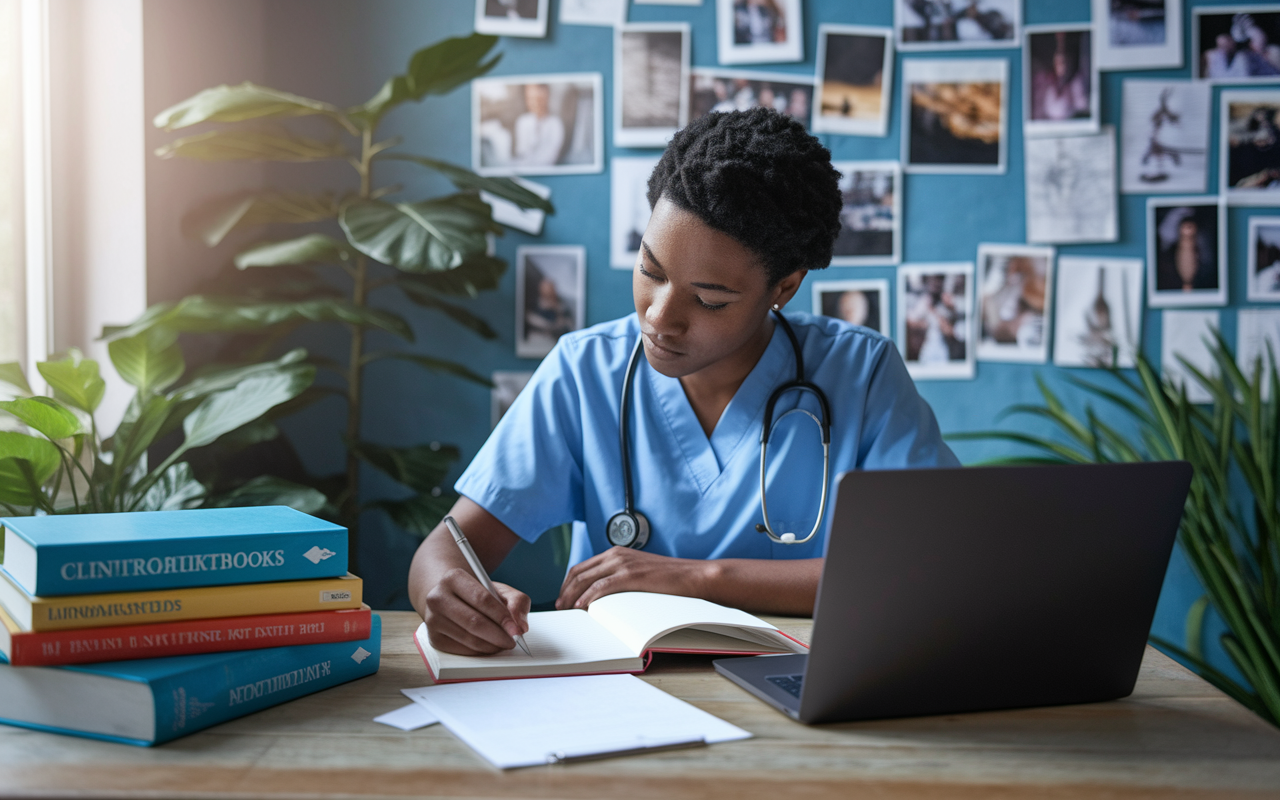 A thoughtful medical student writing in a journal surrounded by clinical textbooks and a laptop, visualizing their professional future. The setting is a tranquil study nook with plants and natural lighting, conveying hope and ambition. A vision board in the background filled with inspirational images and goals representing the journey and aspirations of a physician.