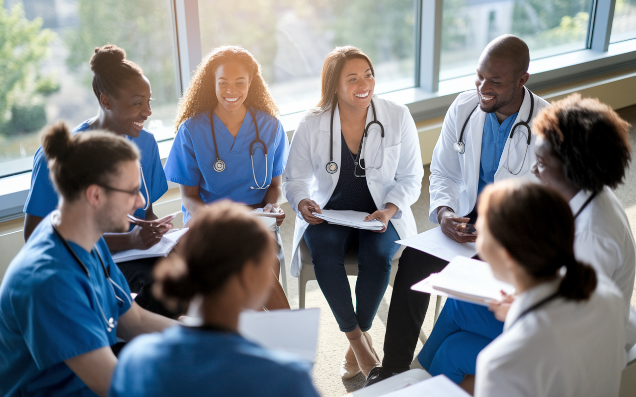 A group of diverse medical students sitting in a circle at a study group, sharing notes and discussing challenging topics. The atmosphere is collaborative and supportive, with smiles and engaged expressions. Natural sunlight bathes the room, highlighting the importance of community and teamwork in managing stress during medical training.