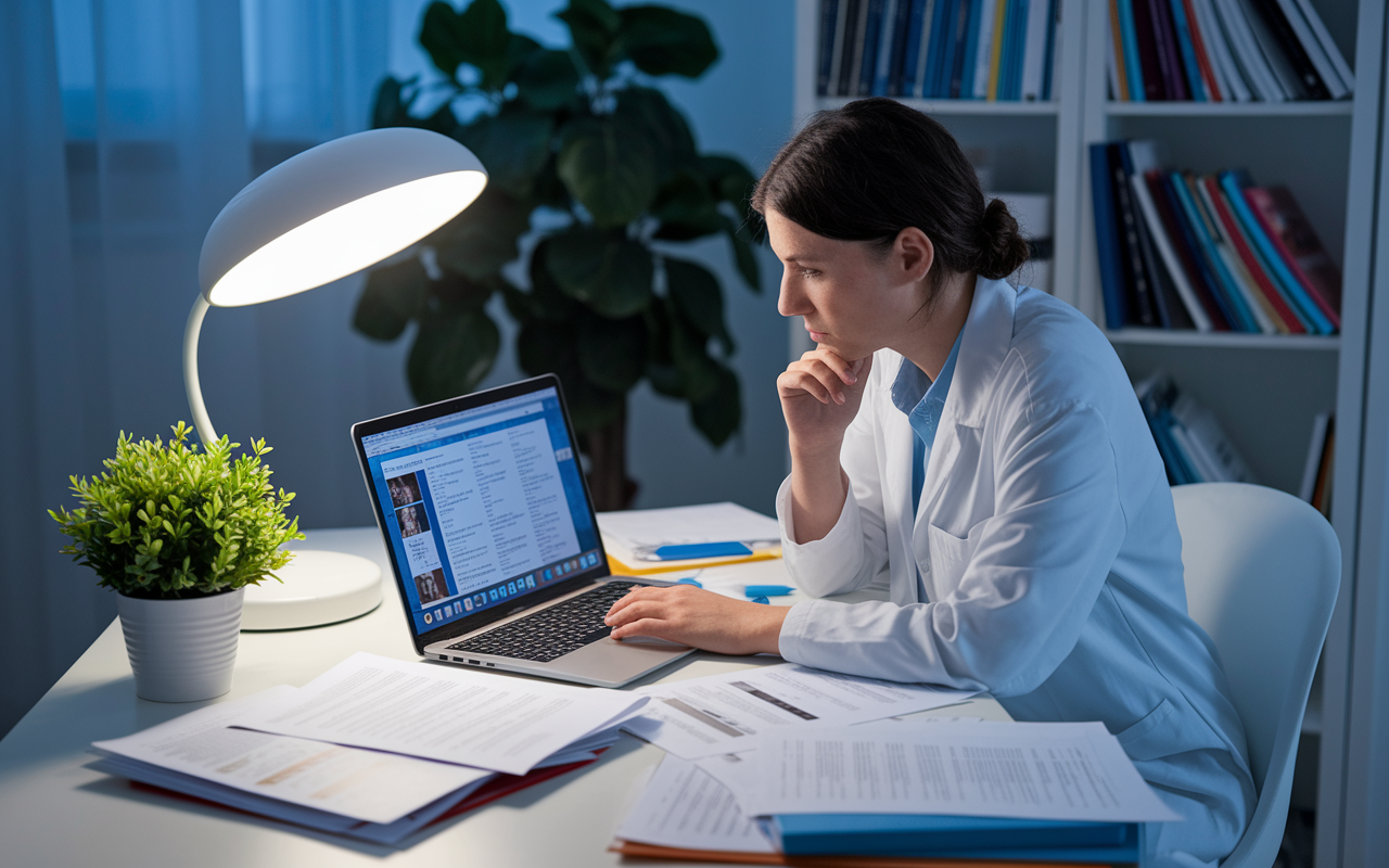 A medical student seated at a desk, intensely researching on a laptop, with multiple tabs open displaying various residency program details. The room is filled with medical books and printed papers scattered around. A potted plant adds a touch of greenery. Bright ambient light from a desk lamp reflects the student's engagement and curiosity in pursuing residency information. A modern, clean aesthetic in a cozy study environment.