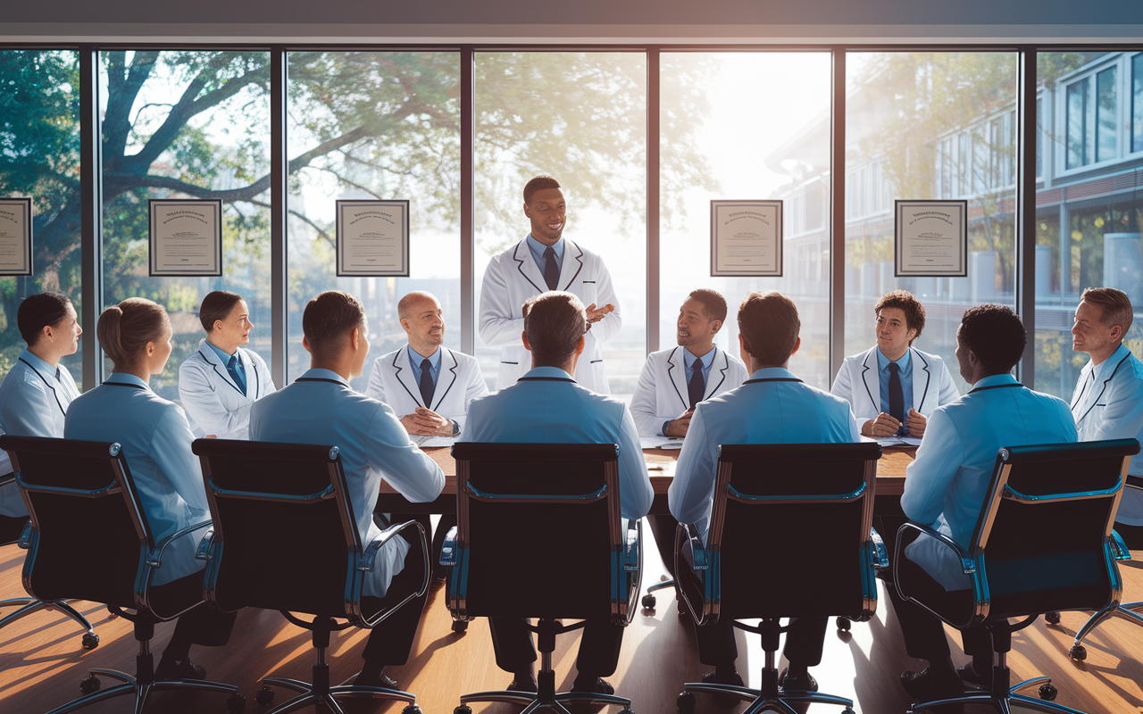 A visually stimulating scene of a successful residency interview setting, with a group of medical interviewers sitting behind a conference table and a confident candidate standing in front, engaging in discussion. Natural light pours through large windows, creating a welcoming atmosphere. The panelists appear attentive and engaged, showcasing a diverse group. The environment exudes professionalism, with medical diplomas and certificates hanging on the walls. A blend of realism and inspiring artistic style.