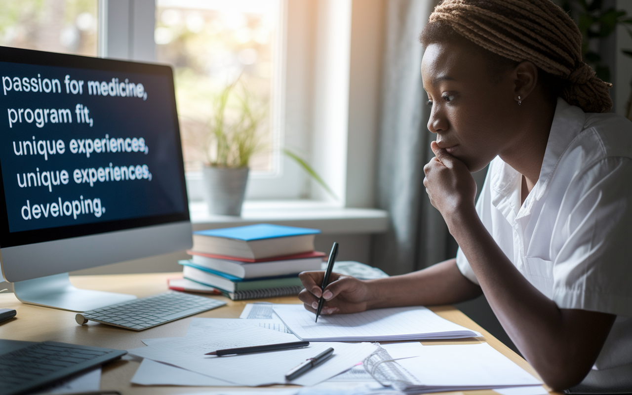 A focused medical candidate sitting at a desk cluttered with papers, textbooks, and a laptop, deep in thought while crafting their personal statement. Soft natural light filters through a window, illuminating their determined expression. On the desk, glimpses of the monitor show keywords like 'passion for medicine,' 'program fit,' and 'unique experiences,' symbolizing a compelling narrative developing. The atmosphere is one of intense concentration and aspiration, depicting the commitment to creating a strong application.