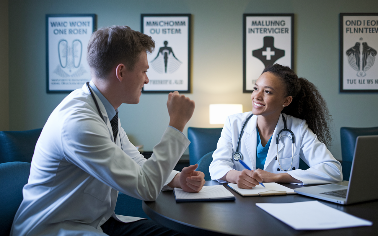 A duo of medical students in a quiet study room engaged in a mock interview. One student is seated and answering challenging questions, while the other, acting as the interviewer, listens intently with an encouraging smile. The room is softly lit, and motivational posters about medicine and success adorn the walls. Both students exhibit concentration and determination, with a laptop and notes spread out on a table nearby, emphasizing the preparation and teamwork involved in refining their interview skills.