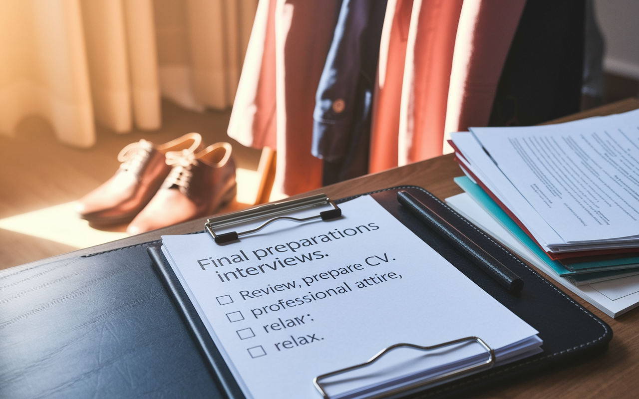 A well-organized desk featuring a checklist of final preparations for residency interviews lingers in the foreground: 'Review notes, prepare CV, set out professional attire, relax.' In the background, new clothes hang on a chair, a pair of polished shoes on the floor, and a neat stack of documents ready for the interview. Warm, natural lighting casts a calm and inviting atmosphere, signaling readiness and a sense of purpose before the big day.