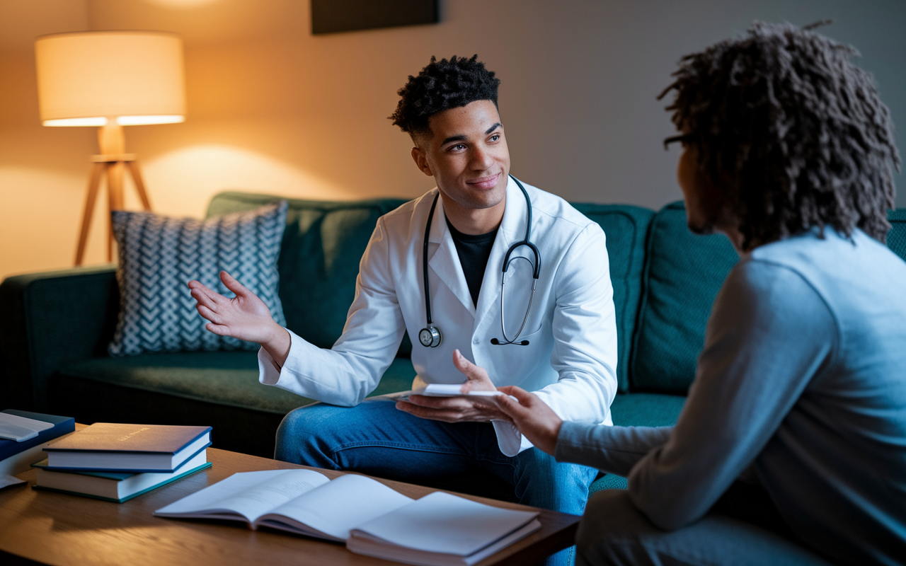 A young medical candidate sitting in a cozy living room, practicing answers to behavioral interview questions with a friend, who is providing feedback. The scene is well-lit with warm tones emanating from a nearby lamp, creating an atmosphere of encouragement and collaboration. The table is filled with medical textbooks, showcasing the depth of preparation and the serious nature of mock interviews.