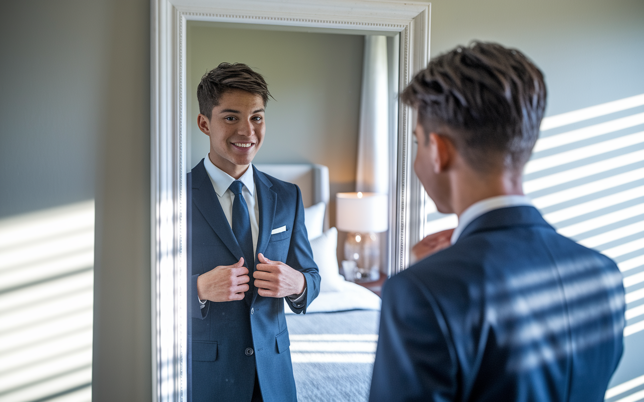 A young medical candidate in a well-fitted suit checks their appearance in a mirror before heading to a residency interview. The setting is a tidy bedroom with neutral colors, softly lit by natural light streaming in. The candidate's expression shows a mix of excitement and nervousness, underscoring the importance of making a professional first impression.