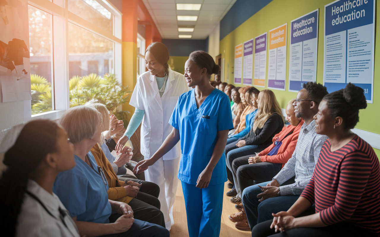 A healthcare volunteer assisting a nurse in a community health clinic, surrounded by patients waiting for their check-ups. The scene highlights a vibrant, busy environment, with posters about healthcare education on the walls. Sunlight accentuates the warm colors of the clinic, reflecting the hope and community spirit. The volunteer is engaging with a patient, showcasing empathy and commitment to healthcare, with a sense of bustling activity creating a dynamic atmosphere.