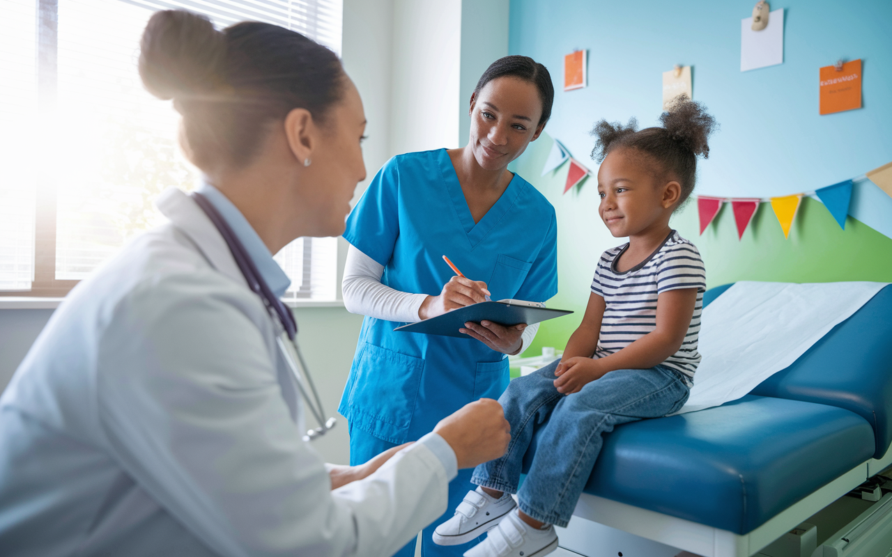 A volunteer in pediatric scrubs observing a doctor examining a child in an examination room. The child is sitting on the examination table, with a playful atmosphere enhanced by colorful decorations on the walls. The volunteer looks engaged and curious as they hold a clipboard, taking notes. The room is bright with natural sunlight streaming in, symbolizing hope and care in the healthcare journey.