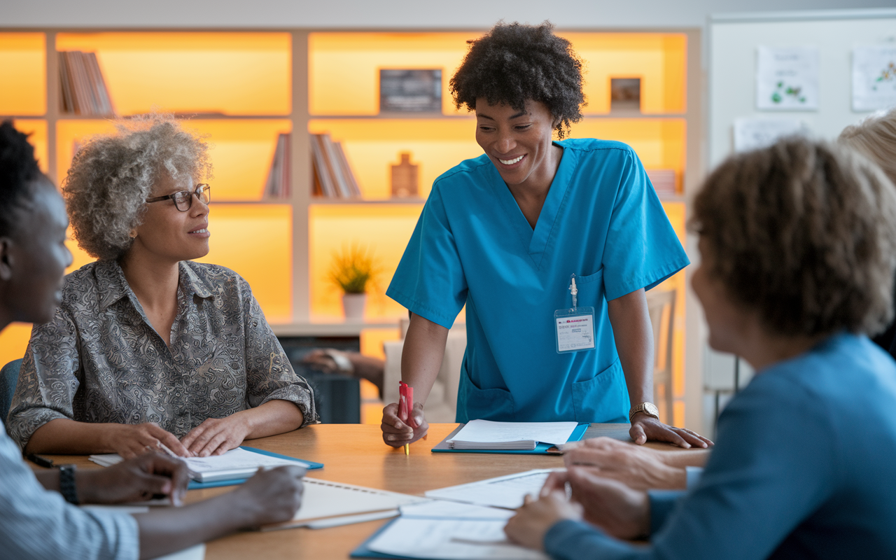 A medical volunteer assisting in a workshop for chronic disease management, featuring a diverse group of patients engaged in a discussion. The room is equipped with educational materials and support resources. The volunteer, actively participating, conveys enthusiasm while sharing knowledge about healthy lifestyle choices. Warm, collaborative lighting enhances the positive community engagement in this educational setting.