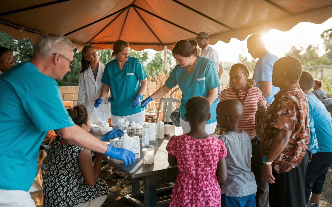 Group of healthcare volunteers providing medical aid in an underserved region, surrounded by local families seeking care. The setting depicts a makeshift clinic under a tent, with volunteers examining patients and distributing medications. The warm sunlight creates a hopeful atmosphere, emphasizing community bonds and the importance of care in diverse cultures. Volunteer camaraderie and compassion shine through, showcasing the essence of humanitarian work.