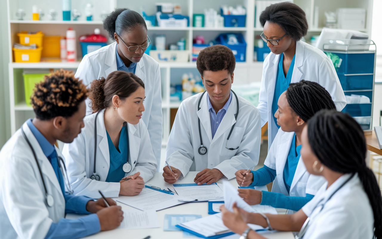 A diverse group of future doctors, of various ethnicities, collaboratively working together in a community health center. They are engaged in meaningful discussions, reviewing patient documents, and planning health outreach strategies. The scene is bright and inviting, filled with medical supplies and educational materials. Their expressions show dedication, teamwork, and a shared commitment to advancing healthcare in their community.