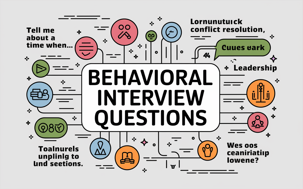 An informative visual representation of behavioral interview questions in a sleek, modern infographic style. The graphic features key phrases like 'Tell me about a time when...' surrounded by icons depicting communication, conflict resolution, teamwork, and leadership. Bright colors and dynamic lines draw the eye, providing a clear outline of the type of scenarios these questions explore, set against a white, professional layout that conveys clarity and insight.