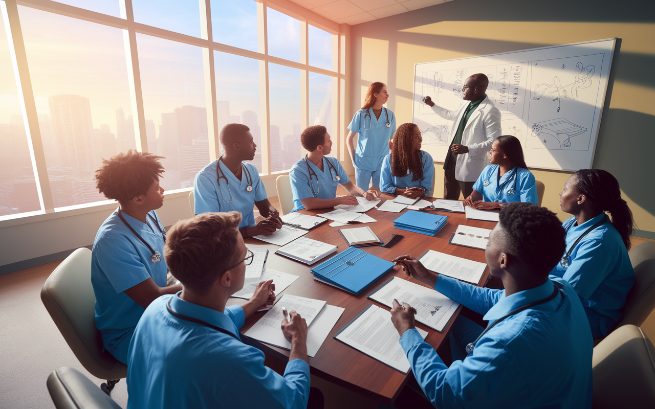 A dynamic scene illustrating teamwork in a medical setting, featuring a diverse group of residents collaborating around a hospital conference table filled with patient files and care plans. Lively discussions and the sharing of ideas are depicted, with one resident standing and presenting concepts on a whiteboard, while others engage attentively. The room is filled with a warm, natural light streaming in from large windows, symbolizing openness and collaboration, highlighting the importance of teamwork in the medical field.