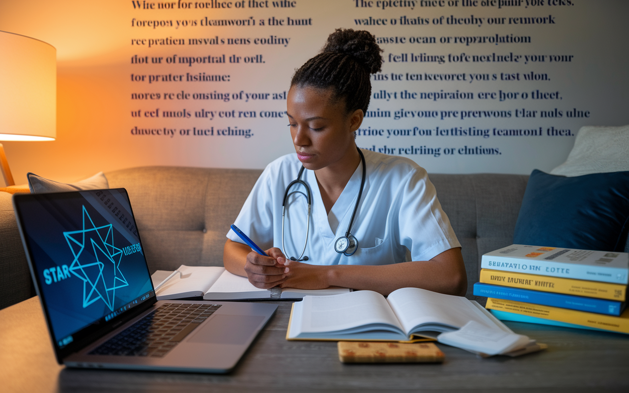 A serene yet focused environment capturing a young medical student in a cozy study area, surrounded by medical textbooks and notes, actively reflecting on past experiences in preparation for an interview. A laptop is open nearby, displaying the STAR method framework across the screen. Warm, soft lighting creates an inviting atmosphere, and a wall filled with motivational quotes on resilience and teamwork adds a layer of inspiration to the scene, emphasizing the importance of preparation for behavioral questions during residency interviews.